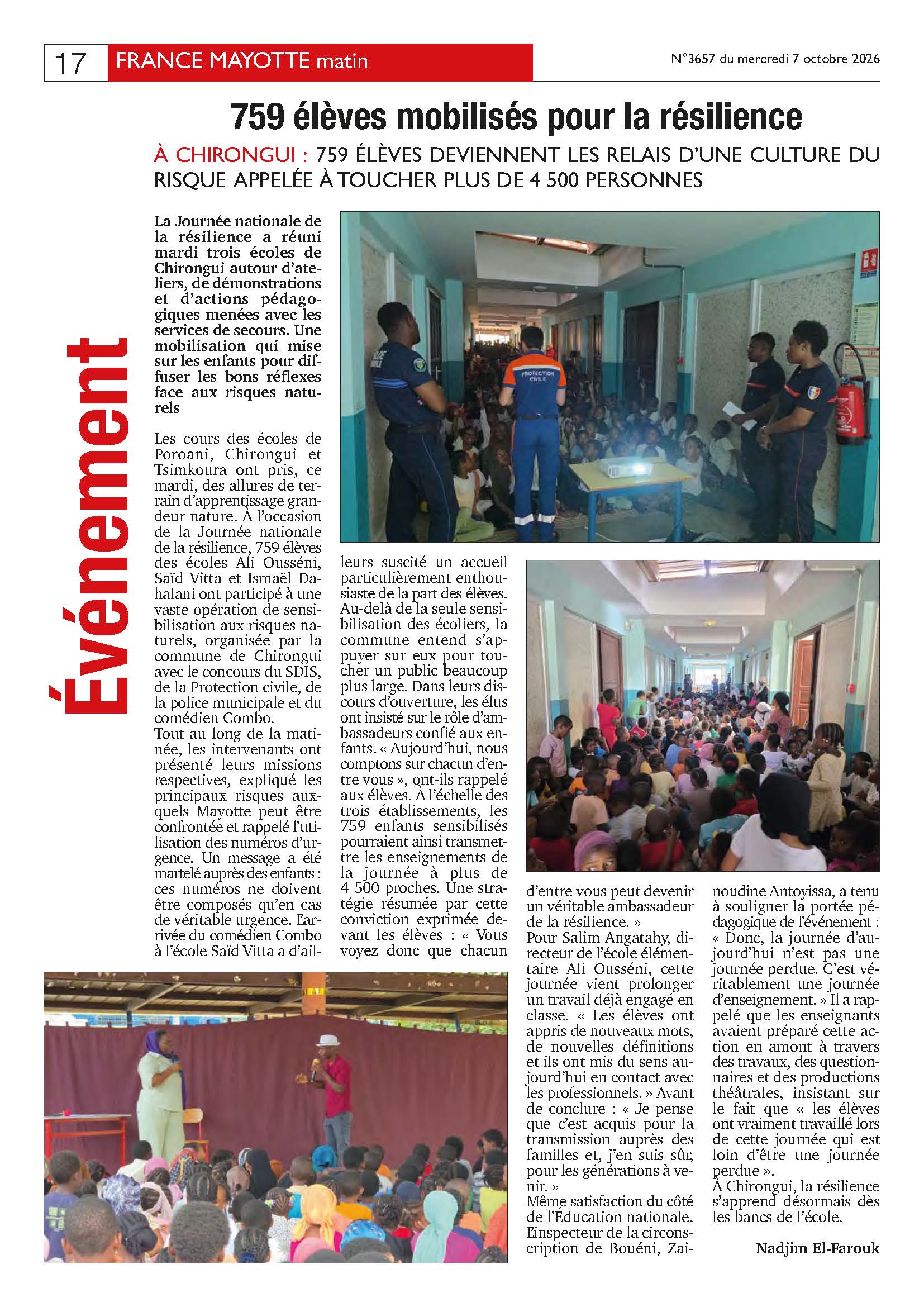 FMM N°3657 du mercredi 7 oct 2026 - article Protection Civile de Mayotte La Presse par le de nos actions de sensibilisations auprès de la Jeunesse Mahoraise, dans le FMM N°3657 du mercredi 7 oct 2026 !